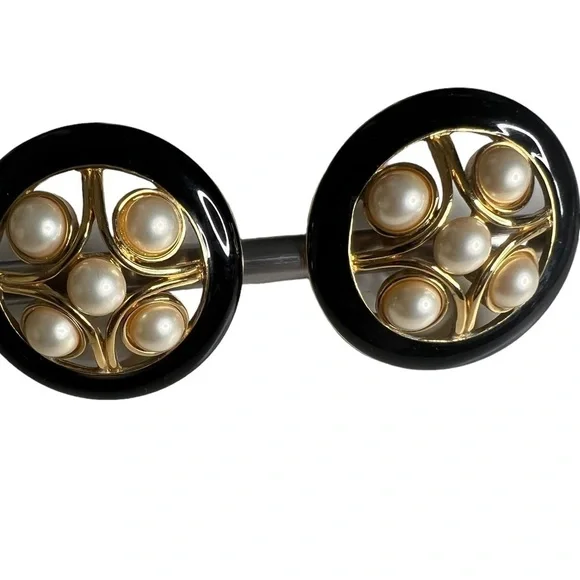 Monet Vintage Back Clasp Earrings With Gold + Pearl In Center - Picture 3 of 7